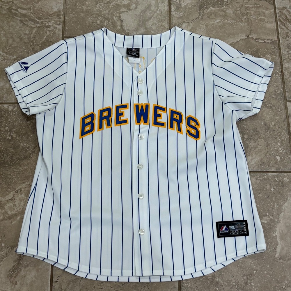 Majestic Milwaukee Brewers Ryan Braun 8 Pinstripe Jersey Kids XL White Navy